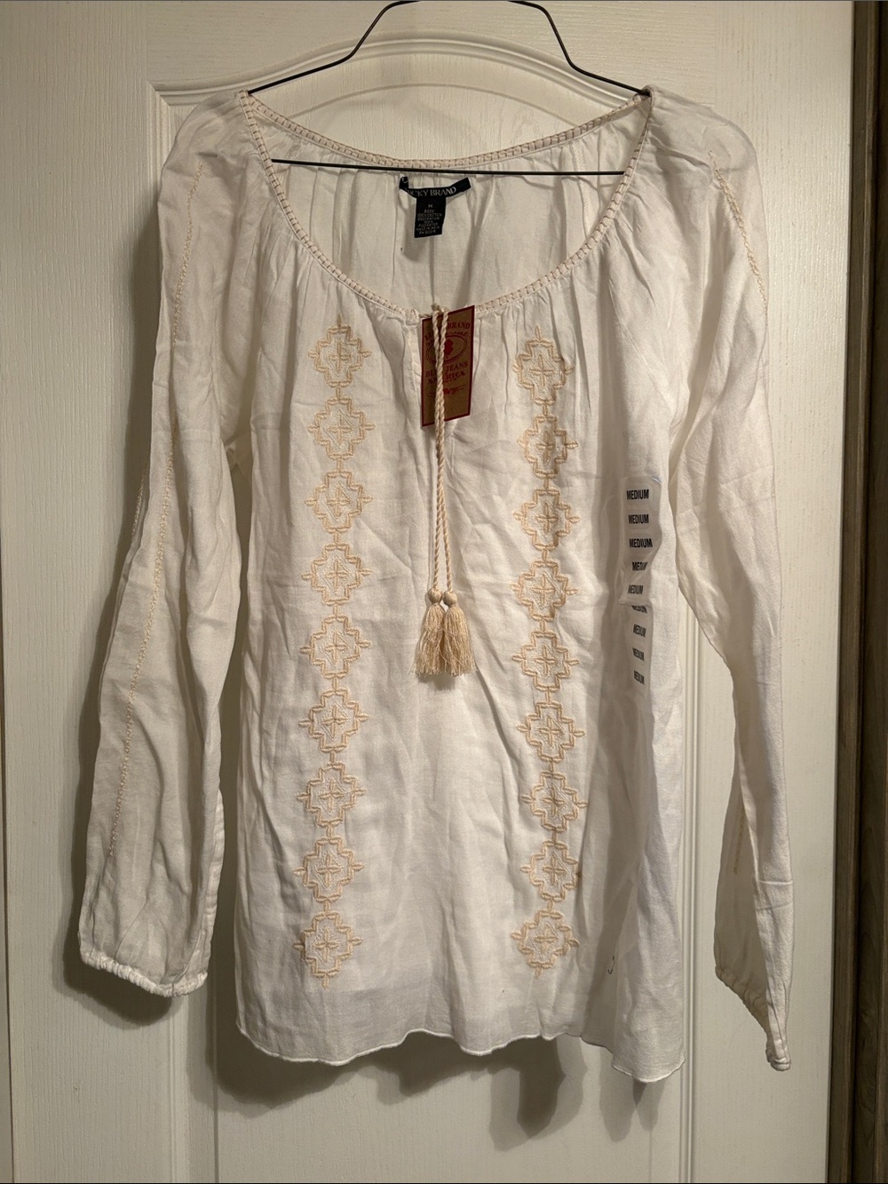 Lucky Brand White Embroidered Tunic with Tassel Tie
